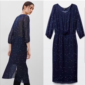 Aritzia Babaton NWT Pieter Dark Navy Polka Dot Flowy Semi Sheer Back Dress XS